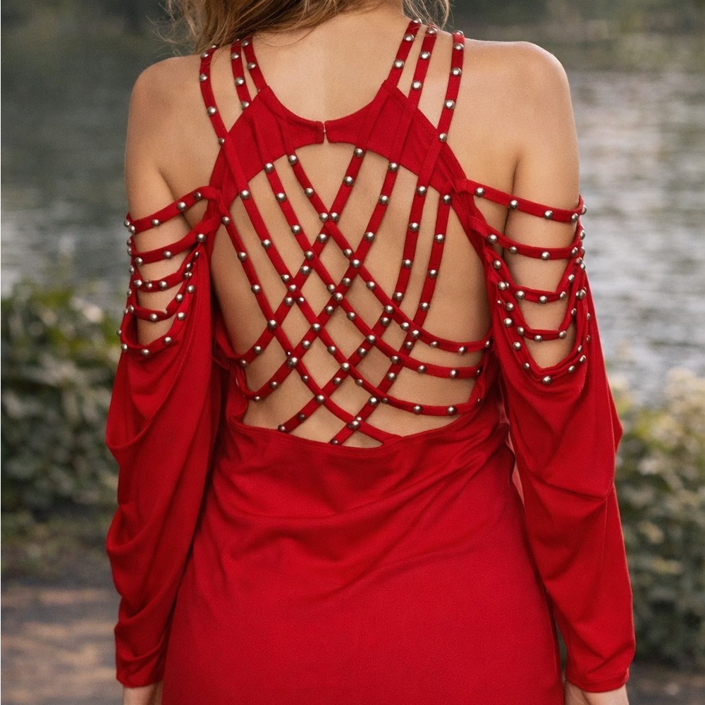 Red Strappy Dress with Pearl Accents